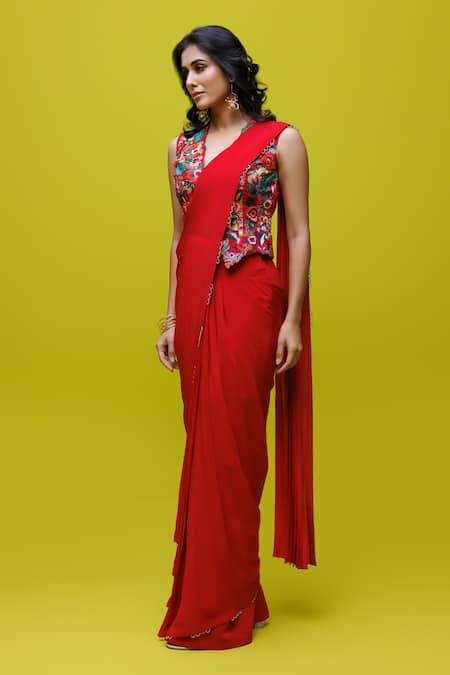 Buy_Rishi And Soujit_Red Crepe, Organza Embroidery Round Neck Pre-draped Saree With Jacket _Online_at_Aza_Fashions