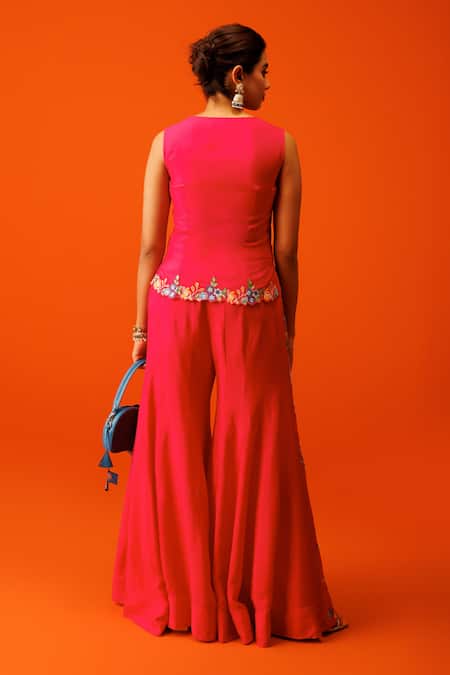 Shop Rishi And Soujit Pink Silk Embroidery Scoop Neck Thread Work Waistcoat And Flared Pant Set at Aza Fashions Shop_Rishi And Soujit_Pink Silk Embroidery Scoop Neck Thread Work Waistcoat And Flared Pant Set _at_Aza_Fashions