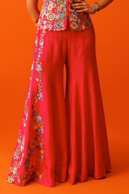 Rishi And Soujit Pink Silk Embroidery Scoop Neck Thread Work Waistcoat And Flared Pant Set Online at Aza Fashions Rishi And Soujit_Pink Silk Embroidery Scoop Neck Thread Work Waistcoat And Flared Pant Set _Online_at_Aza_Fashions