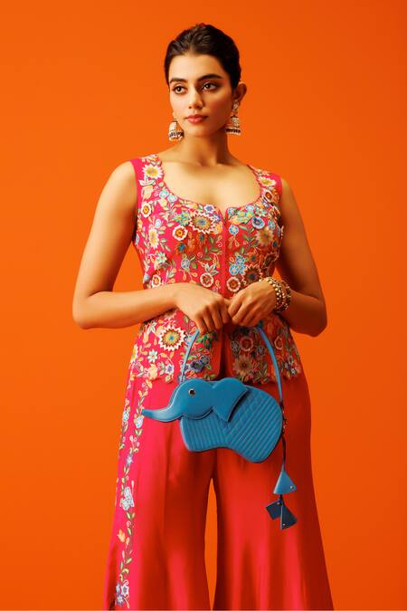 Buy Rishi And Soujit Pink Silk Embroidery Scoop Neck Thread Work Waistcoat And Flared Pant Set Online at Aza Fashions Buy_Rishi And Soujit_Pink Silk Embroidery Scoop Neck Thread Work Waistcoat And Flared Pant Set _Online_at_Aza_Fashions