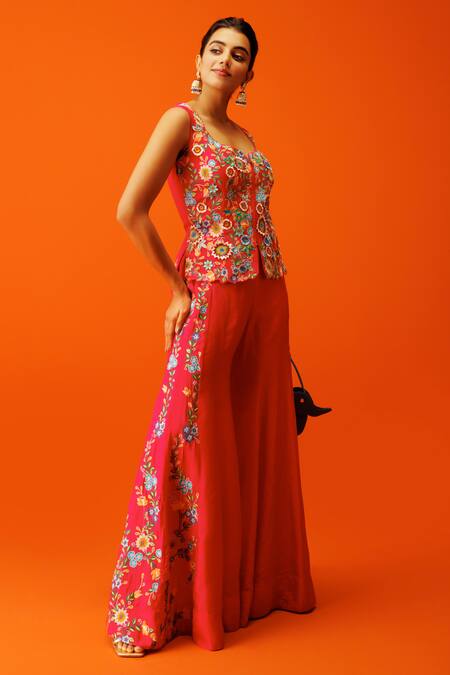 Shop Rishi And Soujit Pink Silk Embroidery Scoop Neck Thread Work Waistcoat And Flared Pant Set Online at Aza Fashions Shop_Rishi And Soujit_Pink Silk Embroidery Scoop Neck Thread Work Waistcoat And Flared Pant Set _Online_at_Aza_Fashions