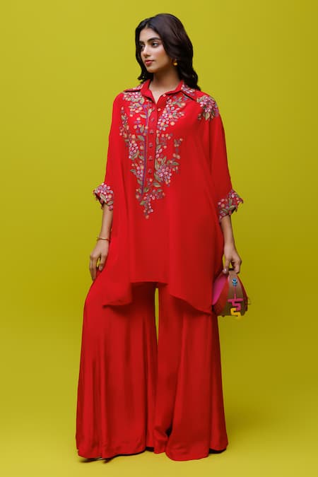 Rishi and Soujit Red Crepe Embroidery Thread Collar Kaftan And Flared Pant Set 