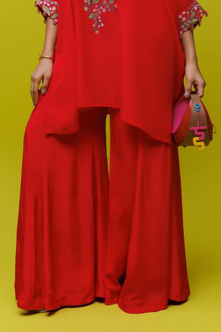 Rishi And Soujit Red Crepe Embroidery Collared Thread Kaftan And Pant Set Online at Aza Fashions Rishi And Soujit_Red Crepe Embroidery Collared Thread Kaftan And Pant Set _Online_at_Aza_Fashions