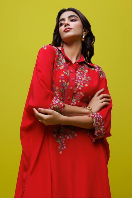 Buy Rishi And Soujit Red Crepe Embroidery Collared Thread Kaftan And Pant Set Online at Aza Fashions Buy_Rishi And Soujit_Red Crepe Embroidery Collared Thread Kaftan And Pant Set _Online_at_Aza_Fashions