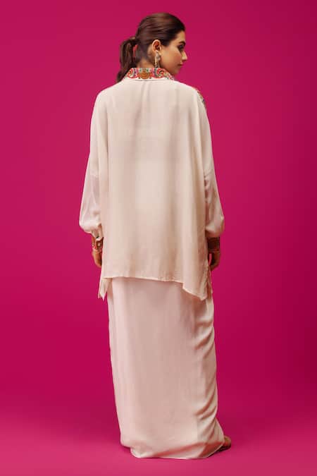 Shop Rishi And Soujit Ivory Crepe Embroidery Collared Paisley Kaftan And Skirt Set at Aza Fashions Shop_Rishi And Soujit_Ivory Crepe Embroidery Collared Paisley Kaftan And Skirt Set _at_Aza_Fashions