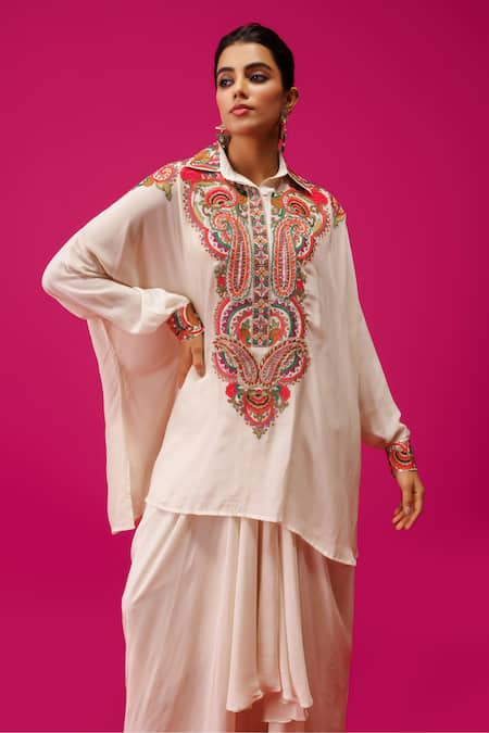 Rishi And Soujit Ivory Crepe Embroidery Collared Paisley Kaftan And Skirt Set Online at Aza Fashions Rishi And Soujit_Ivory Crepe Embroidery Collared Paisley Kaftan And Skirt Set _Online_at_Aza_Fashions