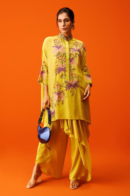 Rishi and Soujit Green Crepe Embroidery Thread Mandarin Collar Tropical Kaftan And Dhoti Pant Set 