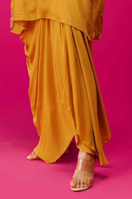 Rishi And Soujit_Yellow Crepe Embroidery Mandarin Collar Paisley Kaftan And Skirt Set _Online_at_Aza_Fashions