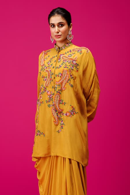 Buy_Rishi And Soujit_Yellow Crepe Embroidery Mandarin Collar Paisley Kaftan And Skirt Set _Online_at_Aza_Fashions