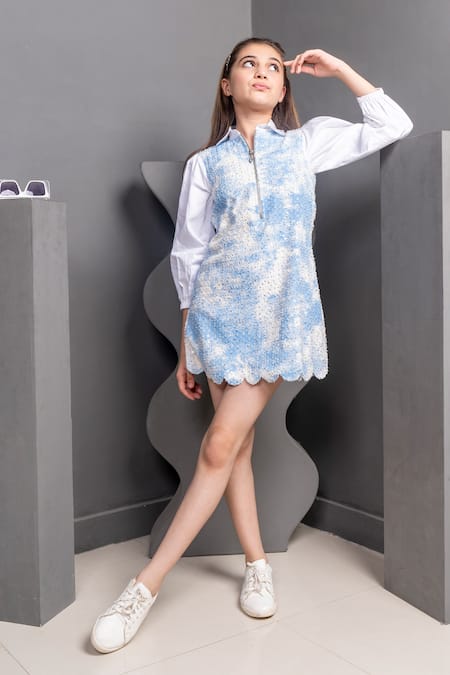 Buy Hoity Moppet Blue Denim Sequins, Stones Scallop Hem Embroidered Dress Buy_Hoity Moppet_Blue Denim Sequins, Stones Scallop Hem Embroidered Dress