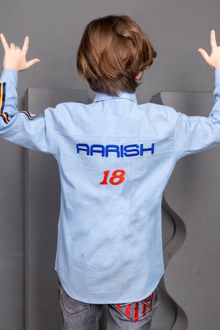 Shop_Hoity Moppet_Blue Cotton Embroidery Mellow Trophy Patchwork Shirt _at_Aza_Fashions