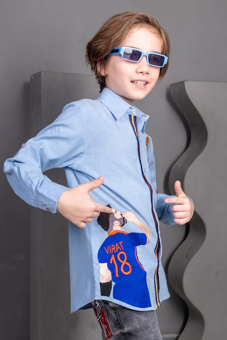 Hoity Moppet_Blue Cotton Embroidery Mellow Trophy Patchwork Shirt _Online_at_Aza_Fashions