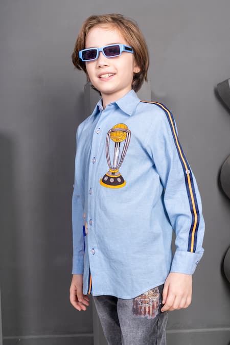Buy_Hoity Moppet_Blue Cotton Embroidery Mellow Trophy Patchwork Shirt _Online_at_Aza_Fashions
