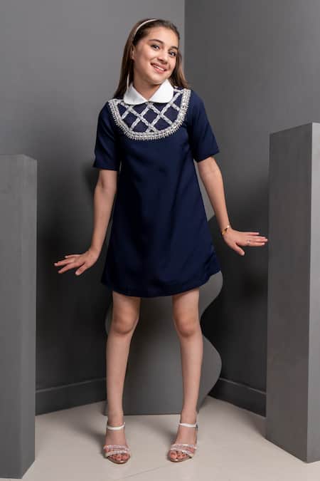 Hoity Moppet Blue Crepe Pearls, Stones, Beads Midnight Chaos Embroidered Dress Online at Aza Fashions Hoity Moppet_Blue Crepe Pearls, Stones, Beads Midnight Chaos Embroidered Dress _Online_at_Aza_Fashions
