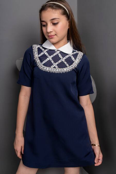 Buy Hoity Moppet Blue Crepe Pearls, Stones, Beads Midnight Chaos Embroidered Dress Online at Aza Fashions Buy_Hoity Moppet_Blue Crepe Pearls, Stones, Beads Midnight Chaos Embroidered Dress _Online_at_Aza_Fashions