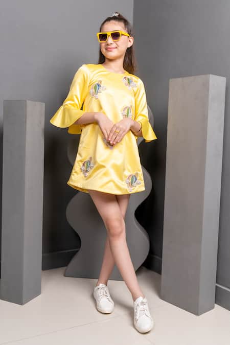 Hoity Moppet Yellow Satin Pearls, Patchwork Mindy Hot Air Balloon Dress Online at Aza Fashions Hoity Moppet_Yellow Satin Pearls, Patchwork Mindy Hot Air Balloon Dress _Online_at_Aza_Fashions