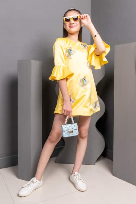 Buy Hoity Moppet Yellow Satin Pearls, Patchwork Mindy Hot Air Balloon Dress Online at Aza Fashions Buy_Hoity Moppet_Yellow Satin Pearls, Patchwork Mindy Hot Air Balloon Dress _Online_at_Aza_Fashions