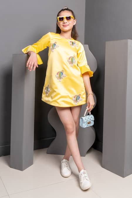 Shop Hoity Moppet Yellow Satin Pearls, Patchwork Mindy Hot Air Balloon Dress Online at Aza Fashions Shop_Hoity Moppet_Yellow Satin Pearls, Patchwork Mindy Hot Air Balloon Dress _Online_at_Aza_Fashions