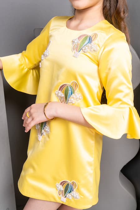 Hoity Moppet Yellow Satin Pearls, Patchwork Mindy Hot Air Balloon Dress at Aza Fashions Hoity Moppet_Yellow Satin Pearls, Patchwork Mindy Hot Air Balloon Dress _at_Aza_Fashions