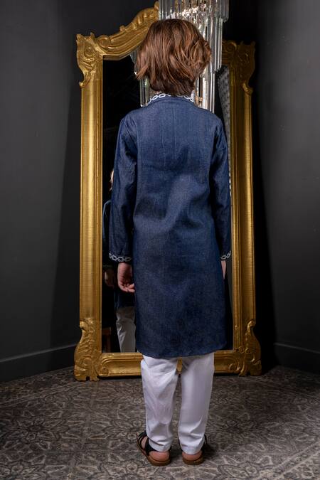 Shop Hoity Moppet Blue Denim, Cotton Embroidery Thread Kurta Set at Aza Fashions Shop_Hoity Moppet_Blue Denim, Cotton Embroidery Thread Kurta Set _at_Aza_Fashions