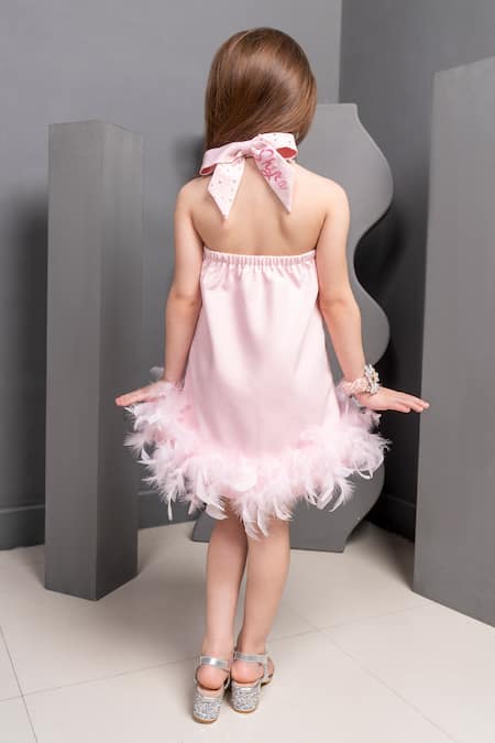 Shop Hoity Moppet Pink Satin Feathers Carousel Patchwork Dress at Aza Fashions Shop_Hoity Moppet_Pink Satin Feathers Carousel Patchwork Dress _at_Aza_Fashions