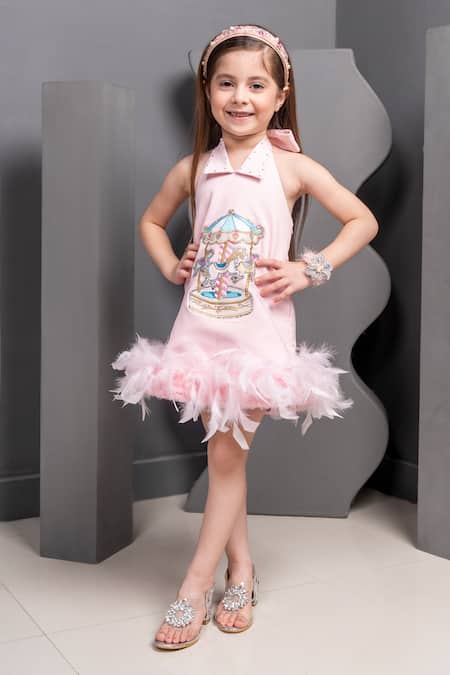 Hoity Moppet Pink Satin Feathers Carousel Patchwork Dress Online at Aza Fashions Hoity Moppet_Pink Satin Feathers Carousel Patchwork Dress _Online_at_Aza_Fashions