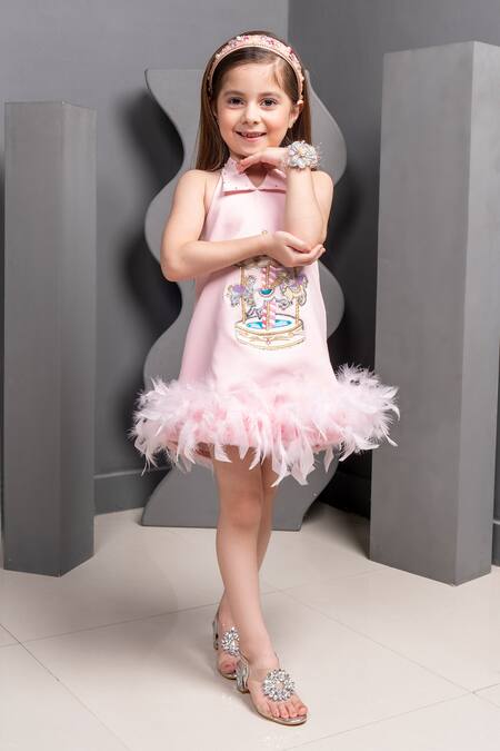 Buy Hoity Moppet Pink Satin Feathers Carousel Patchwork Dress Online at Aza Fashions Buy_Hoity Moppet_Pink Satin Feathers Carousel Patchwork Dress _Online_at_Aza_Fashions