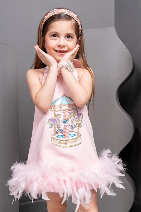 Hoity Moppet Pink Satin Feathers Carousel Patchwork Dress at Aza Fashions Hoity Moppet_Pink Satin Feathers Carousel Patchwork Dress _at_Aza_Fashions