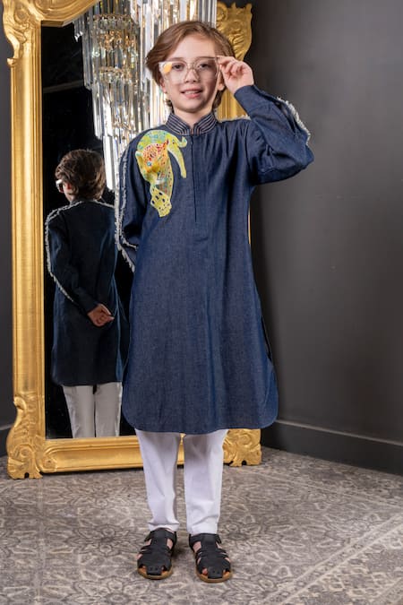 Hoity Moppet Blue Denim Hand Painted Sherkhan Kurta With Pyjama 