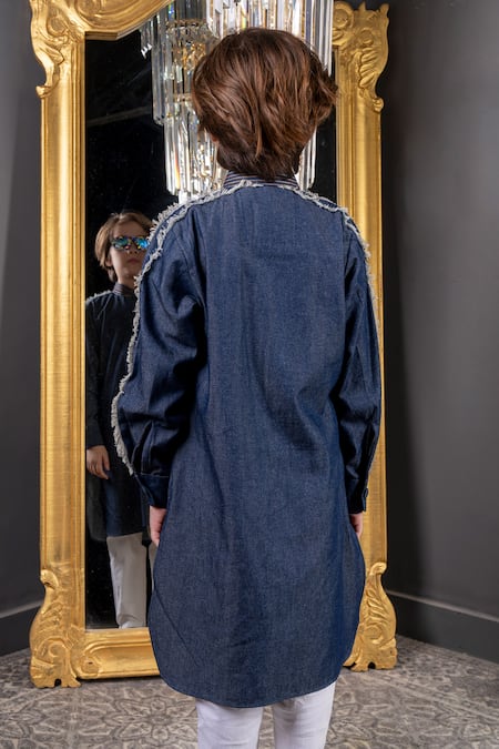 Shop_Hoity Moppet_Blue Denim, Cotton Embroidery Sherkhan Hand Paint Kurta With Pyjama _at_Aza_Fashions