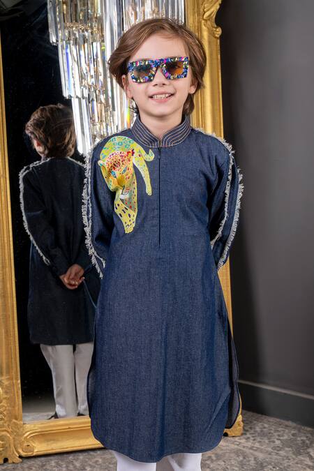 Buy_Hoity Moppet_Blue Denim, Cotton Embroidery Sherkhan Hand Paint Kurta With Pyjama _Online_at_Aza_Fashions