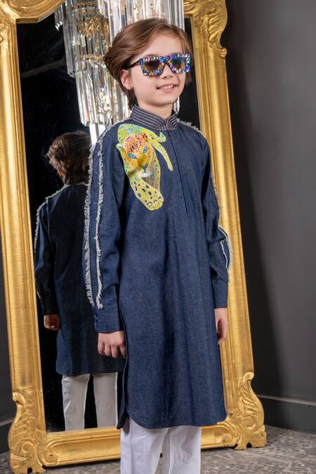 Shop_Hoity Moppet_Blue Denim, Cotton Embroidery Sherkhan Hand Paint Kurta With Pyjama _Online_at_Aza_Fashions
