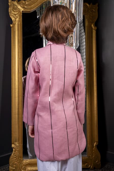 Shop Hoity Moppet Pink Linen Metallic Striped Kurta And Pyjama Set at Aza Fashions Shop_Hoity Moppet_Pink Linen Metallic Striped Kurta And Pyjama Set _at_Aza_Fashions