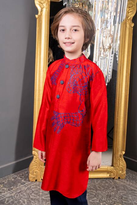 Buy_Hoity Moppet_Red Cotton, Silk Embroidery Spidey Kurta With Pyjama _Online_at_Aza_Fashions