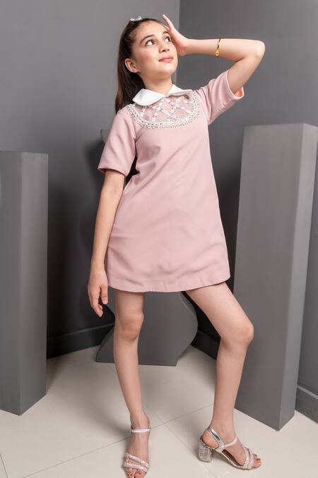 Shop_Hoity Moppet_Pink Crepe Pearls, Beads, Stones Embroidered Work Dress _Online_at_Aza_Fashions