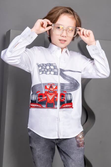 Hoity Moppet_White Cotton Embroidery Tokyo Drift Shirt _Online_at_Aza_Fashions