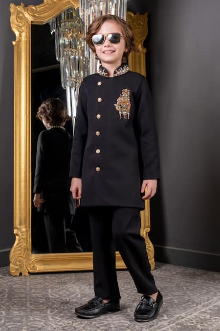 Buy_Hoity Moppet_Black Cotton Pearls, Stones, Beads Tusker Embroidered Sherwani With Pant _Online_at_Aza_Fashions