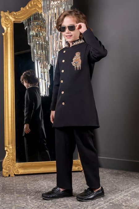 Shop_Hoity Moppet_Black Cotton Pearls, Stones, Beads Tusker Embroidered Sherwani With Pant _Online_at_Aza_Fashions