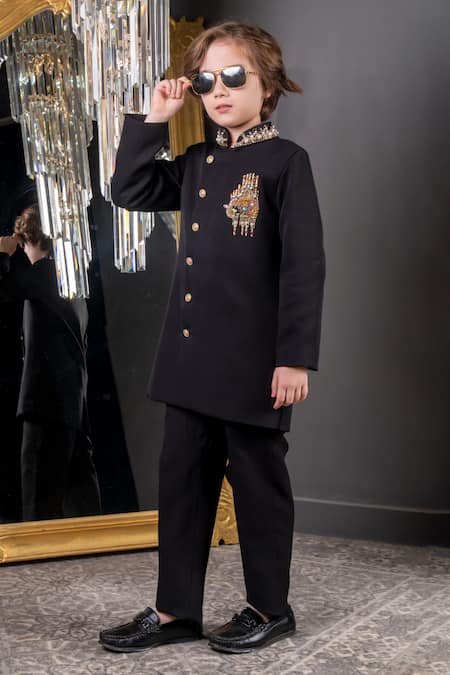 Hoity Moppet_Black Cotton Pearls, Stones, Beads Tusker Embroidered Sherwani With Pant _at_Aza_Fashions