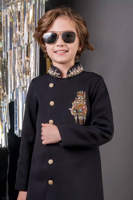 Buy_Hoity Moppet_Black Cotton Pearls, Stones, Beads Tusker Embroidered Sherwani With Pant 