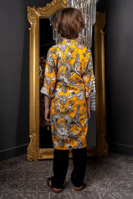 Shop_Hoity Moppet_Yellow Georgette Vibe Forest Print Kurta With Pyjama _at_Aza_Fashions