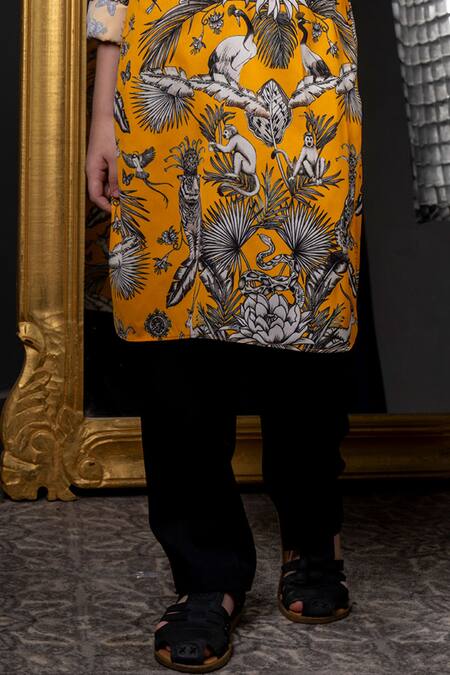 Hoity Moppet_Yellow Georgette Vibe Forest Print Kurta With Pyjama _Online_at_Aza_Fashions