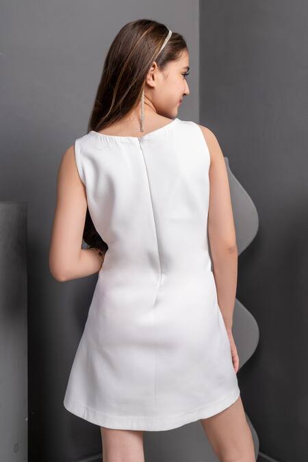 Hoity Moppet White Crepe Rhinestones Embellished Dress With Bow Detail at Aza Fashions Hoity Moppet_White Crepe Rhinestones Embellished Dress With Bow Detail _at_Aza_Fashions