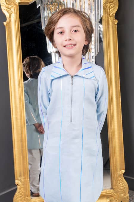 Buy Hoity Moppet Sky Blue Linen, Cotton Metallic Thread Kurta Set Online at Aza Fashions Buy_Hoity Moppet_Sky Blue Linen, Cotton Metallic Thread Kurta Set _Online_at_Aza_Fashions