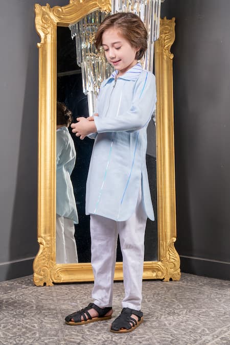 Shop Hoity Moppet Sky Blue Linen, Cotton Metallic Thread Kurta Set Online at Aza Fashions Shop_Hoity Moppet_Sky Blue Linen, Cotton Metallic Thread Kurta Set _Online_at_Aza_Fashions