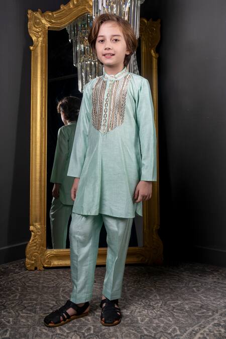 Hoity Moppet_Green Cotton, Silk Embroidery Mint Kurta Set _Online_at_Aza_Fashions