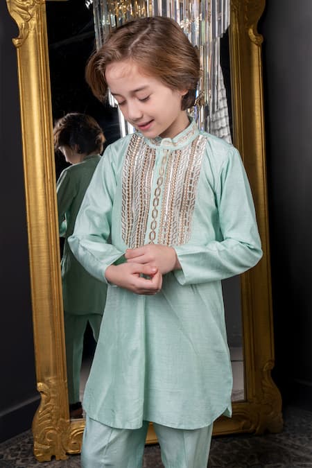 Buy_Hoity Moppet_Green Cotton, Silk Embroidery Mint Kurta Set _Online_at_Aza_Fashions