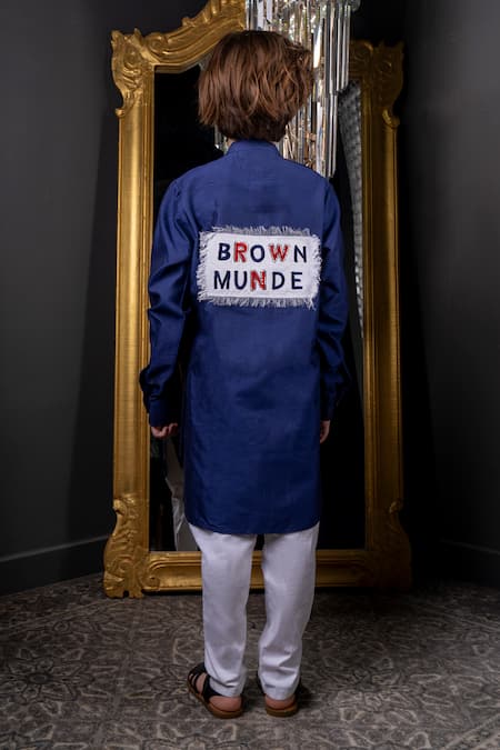 Shop_Hoity Moppet_Blue Cotton, Silk Embroidery, Patchwork Brown Munde Kurta With Pyjama _at_Aza_Fashions