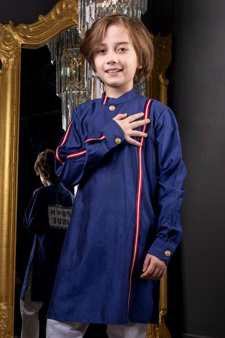 Hoity Moppet_Blue Cotton, Silk Embroidery, Patchwork Brown Munde Kurta With Pyjama _Online_at_Aza_Fashions