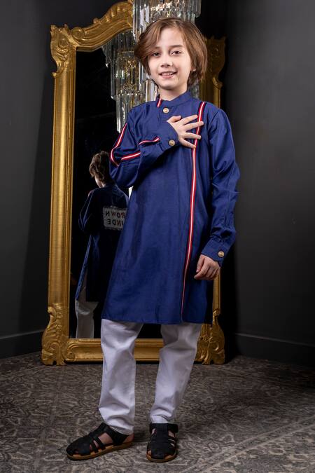 Buy_Hoity Moppet_Blue Cotton, Silk Embroidery, Patchwork Brown Munde Kurta With Pyjama _Online_at_Aza_Fashions